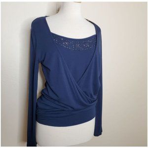NWT New York & Company M crossover top beaded long sleeves navy